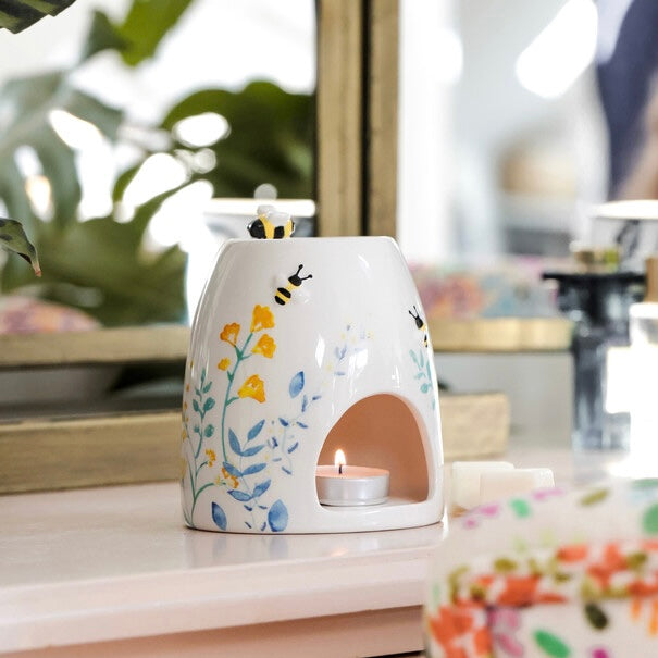 Cornflower Blue Floral Bee Ceramic Wax Burner