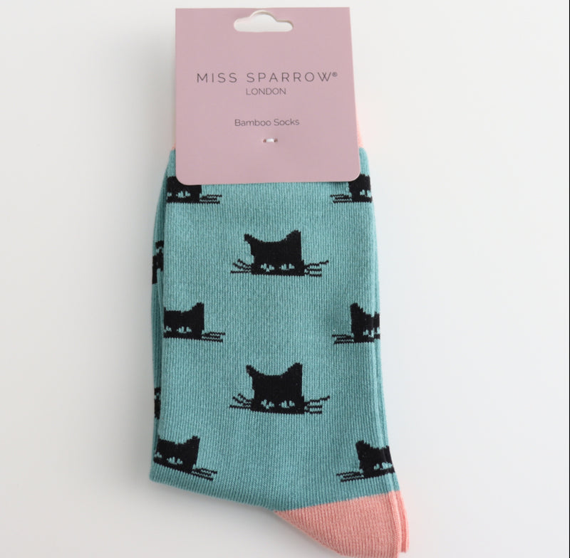 Peeking Cats Duck Egg Bamboo Socks