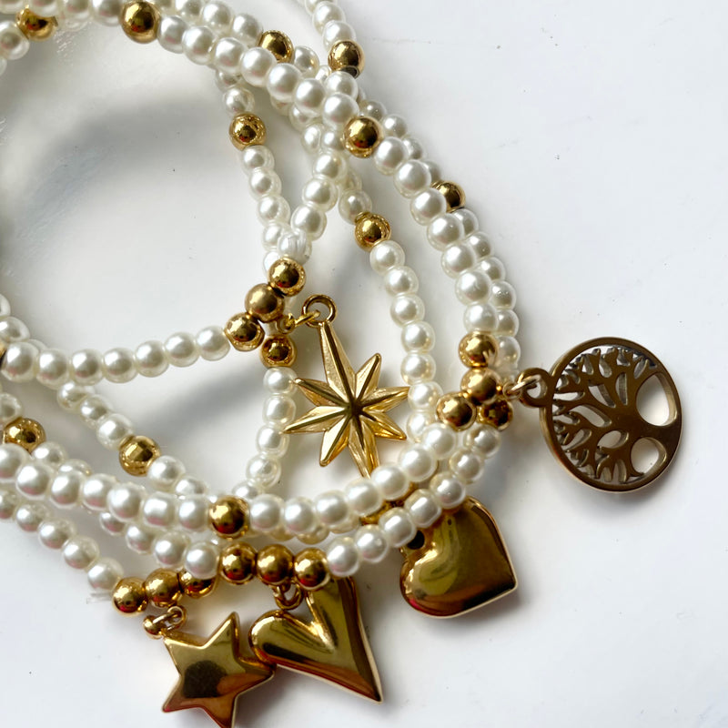 Pearl & Gold Charm Elastic Bracelets