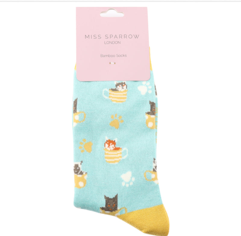 Cats in Teacups Aqua Bamboo Socks
