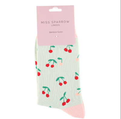 Mini Cherries Mint Bamboo Socks