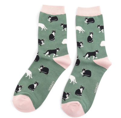 Black & White Cats Green Bamboo Socks