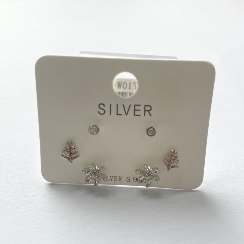 Sterling Silver Triple Set Leaf, Flower, Stud Earrings