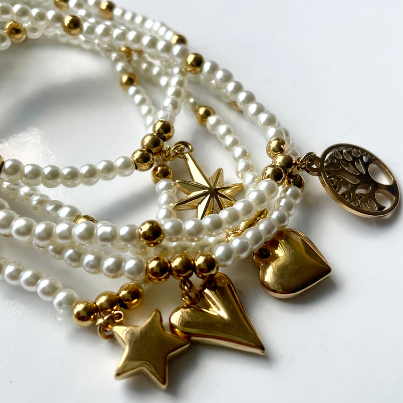 Pearl & Gold Charm Elastic Bracelets