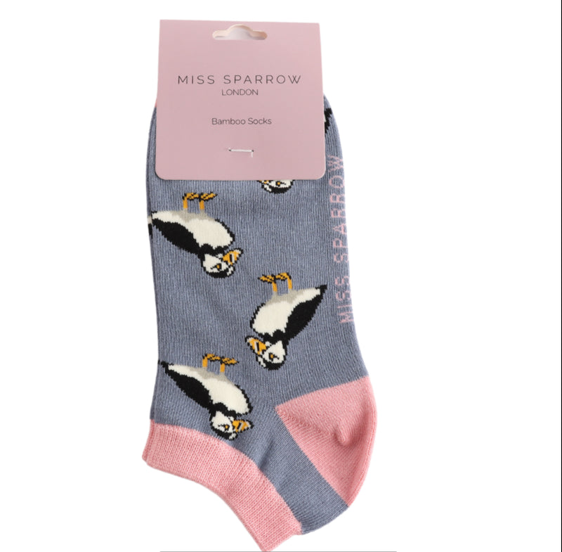 Cute Puffins Denim Bamboo Trainer Socks