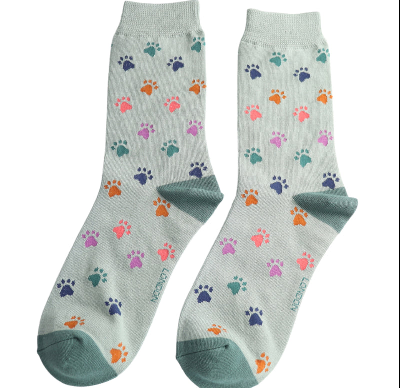 Multi Paw Prints Duck Egg Bamboo Socks