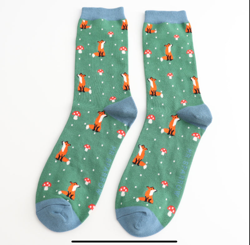 Fox and Toadstool Green Bamboo Socks