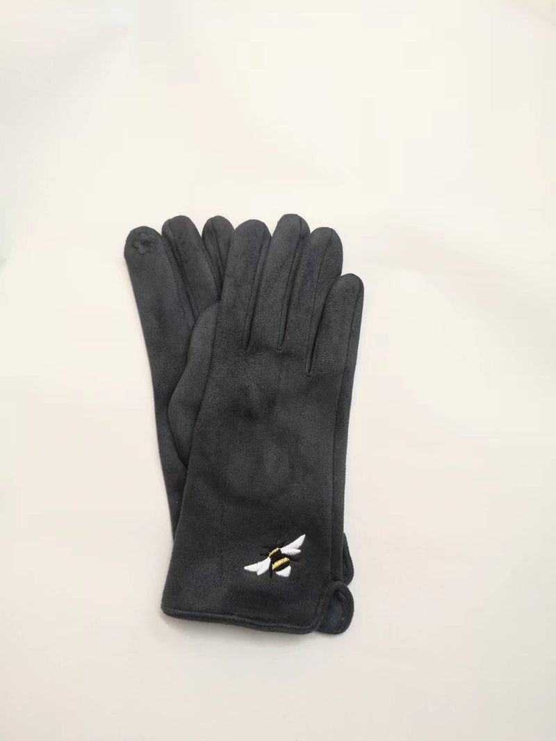 Dark Grey Embroidered Bee Fashion Gloves