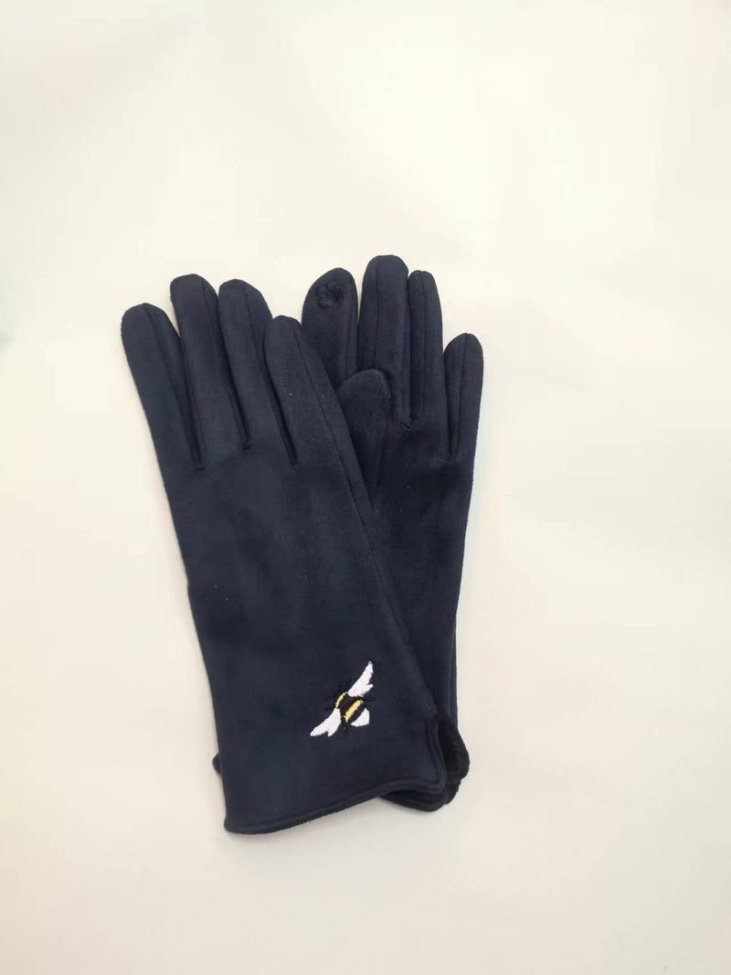 Navy Embroidered Bee Fashion Gloves