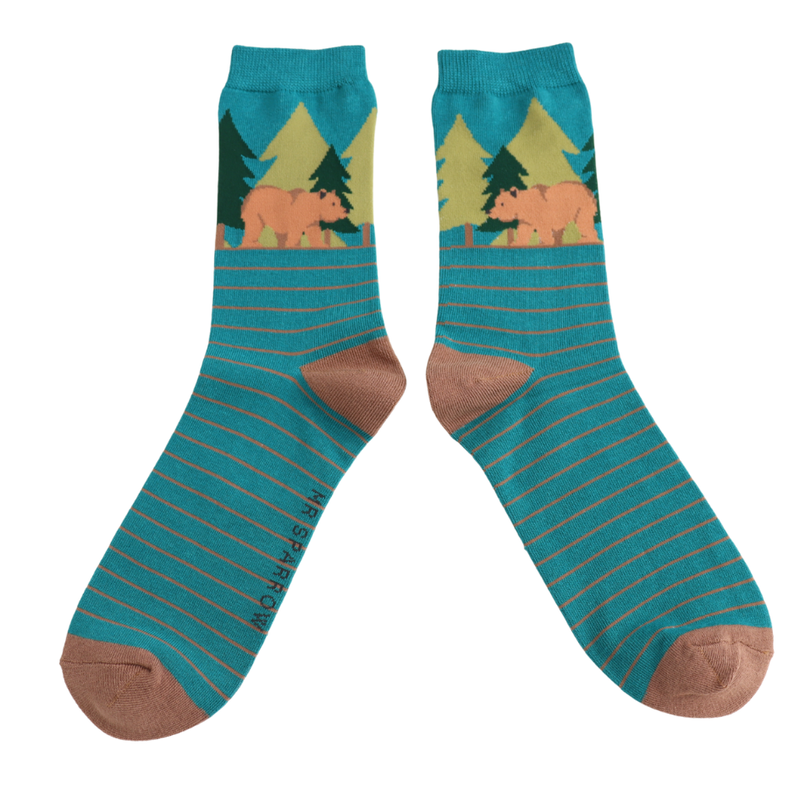 Bear Forest Teal Bamboo Socks