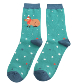 Christmas Capybara Green Bamboo Socks