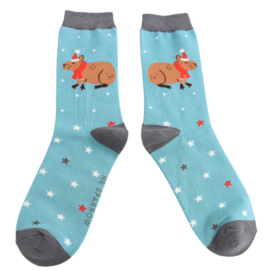 Christmas Capybara Aqua Bamboo Socks