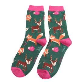 Woodland Animals Dark Green Bamboo Socks