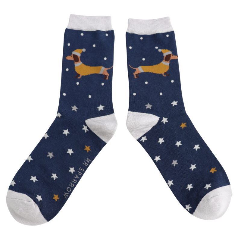 Festive Sausage Dog Navy Bamboo Socks