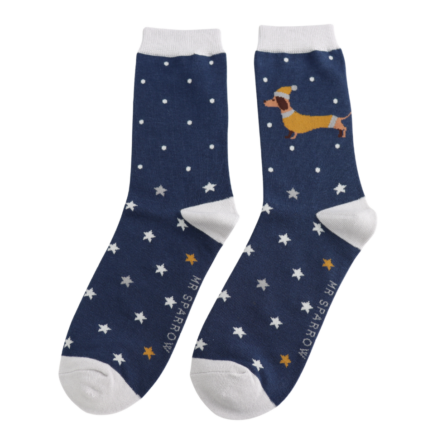 Festive Sausage Dog Navy Bamboo Socks