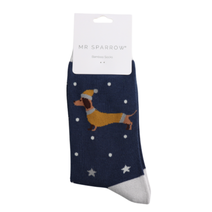 Festive Sausage Dog Navy Bamboo Socks