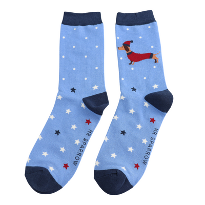Festive Sausage Dog Powder Blue Bamboo Socks