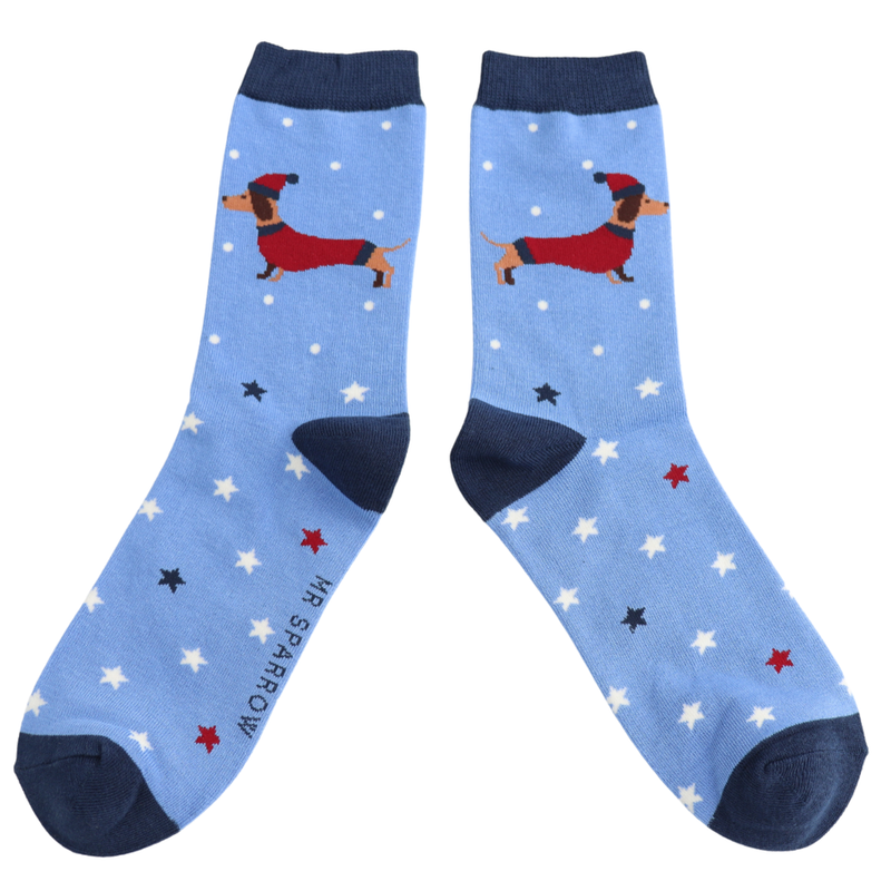 Festive Sausage Dog Powder Blue Bamboo Socks