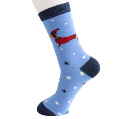 Festive Sausage Dog Powder Blue Bamboo Socks