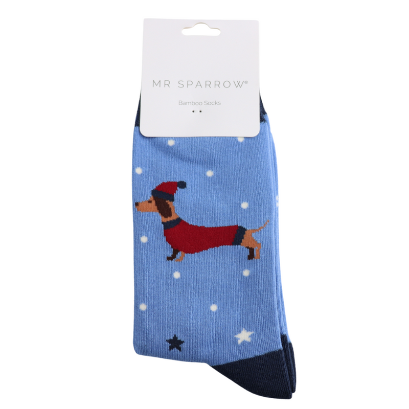Festive Sausage Dog Powder Blue Bamboo Socks
