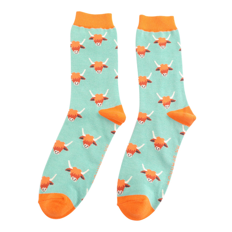 Highland Cows Aqua Bamboo Socks