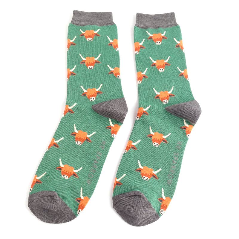 Highland Cows Green Bamboo Socks