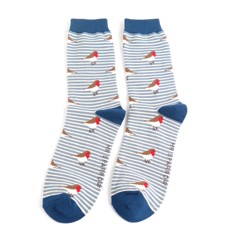 Robins On Stripes Denim Bamboo Socks