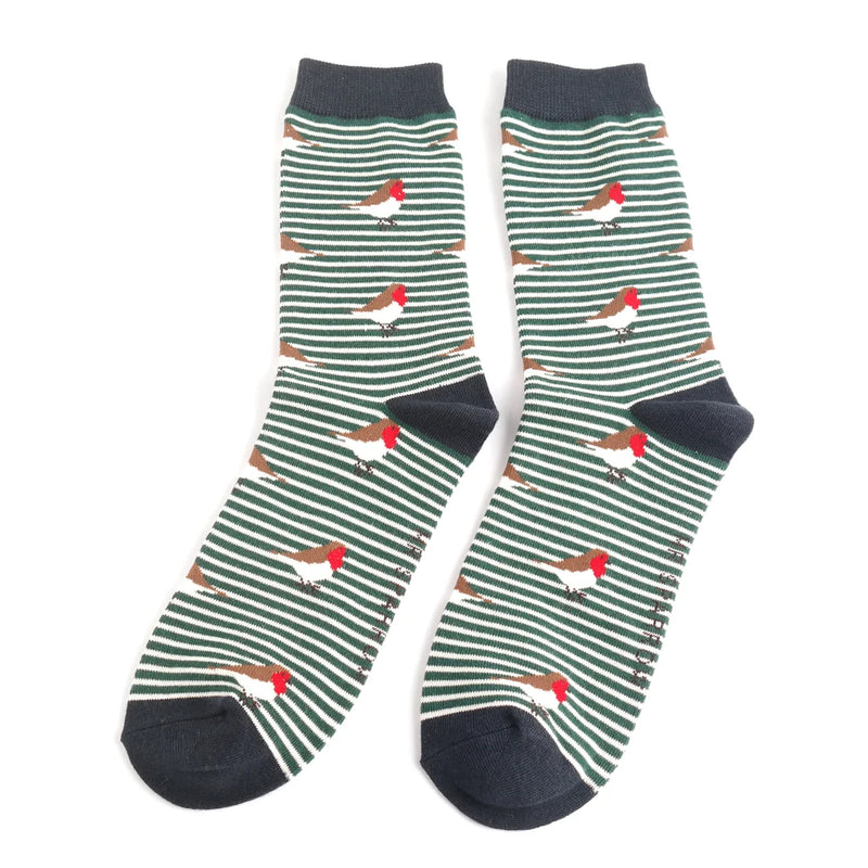 Robins On Stripes Green Bamboo Socks