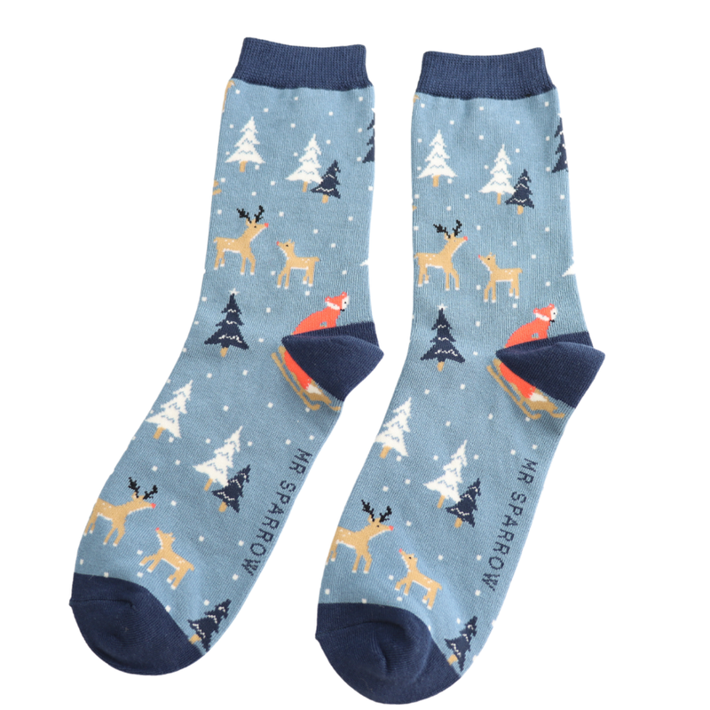 Festive Foxes Denim Bamboo Socks