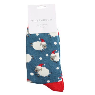 Santa Sheep Blue Bamboo Socks