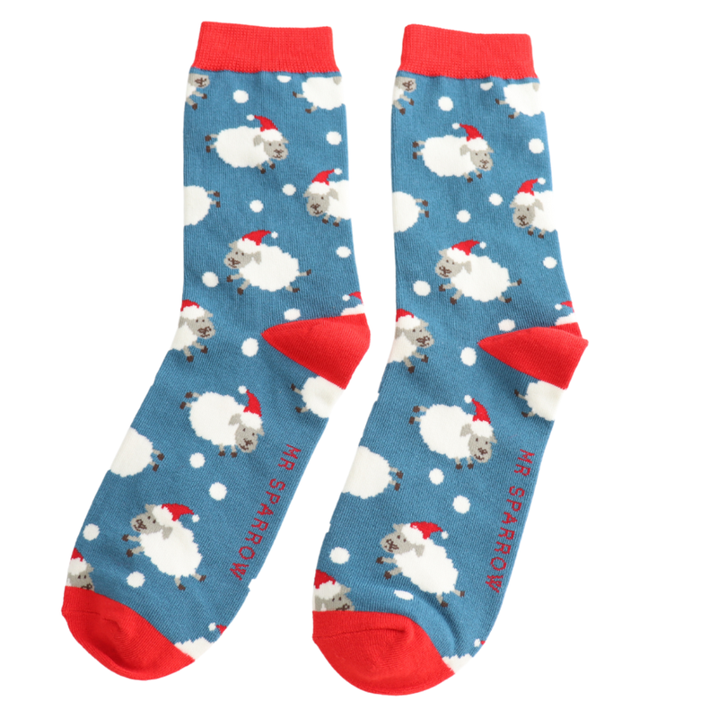 Santa Sheep Blue Bamboo Socks
