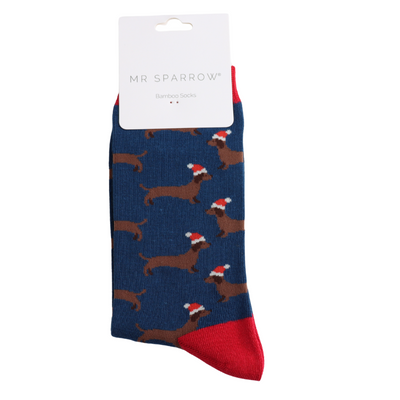 Sausage Dog Santa Navy Bamboo Socks