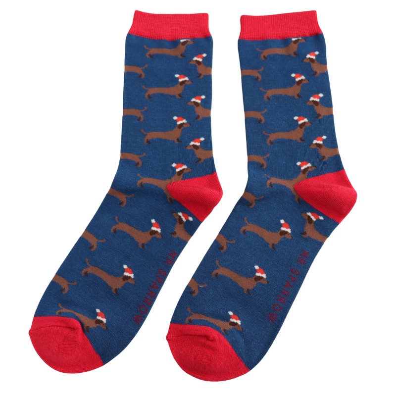 Sausage Dog Santa Navy Bamboo Socks