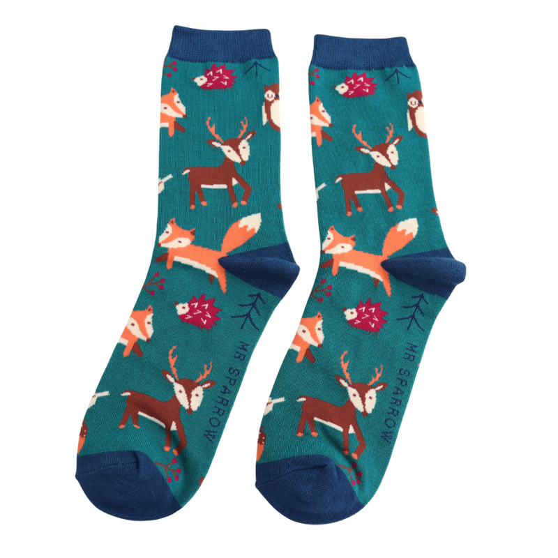 Woodland Animal Teal Bamboo Socks