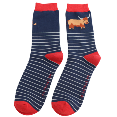 Highland Cow & Stripes Navy Bamboo Socks