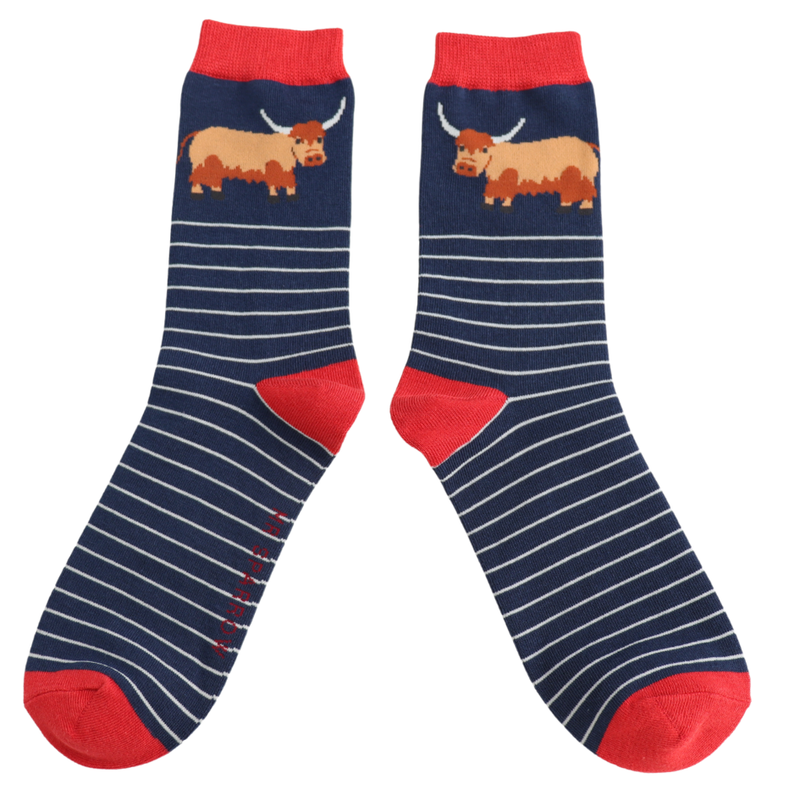 Highland Cow & Stripes Navy Bamboo Socks
