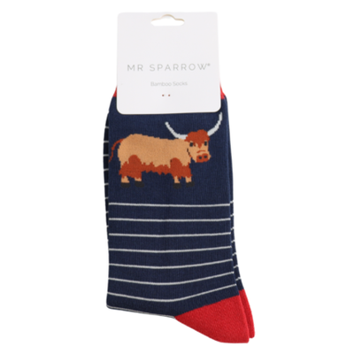 Highland Cow & Stripes Navy Bamboo Socks