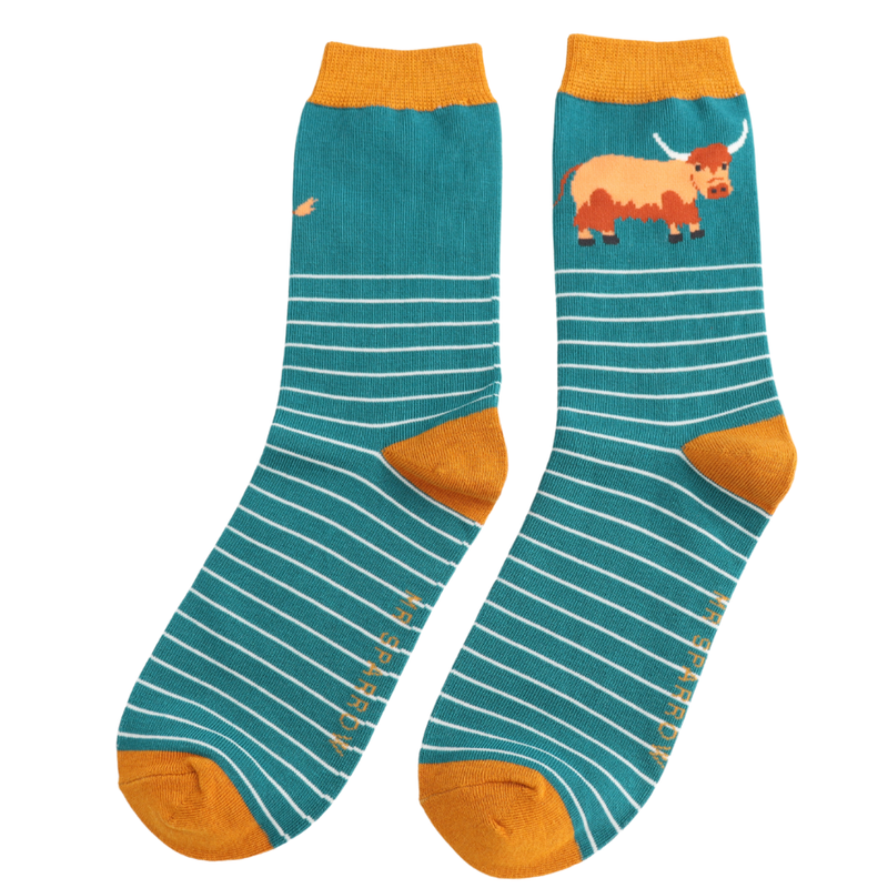 Highland Cow & Stripes Teal Bamboo Socks
