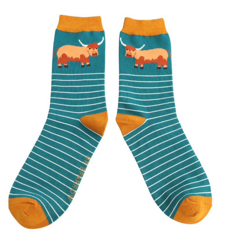 Highland Cow & Stripes Teal Bamboo Socks