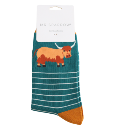 Highland Cow & Stripes Teal Bamboo Socks