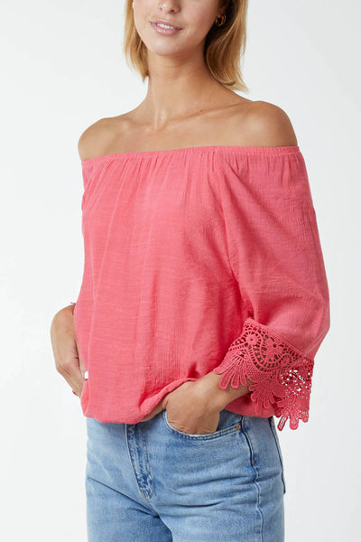 Callie Puffball Crochet Sleeve Bardot Top