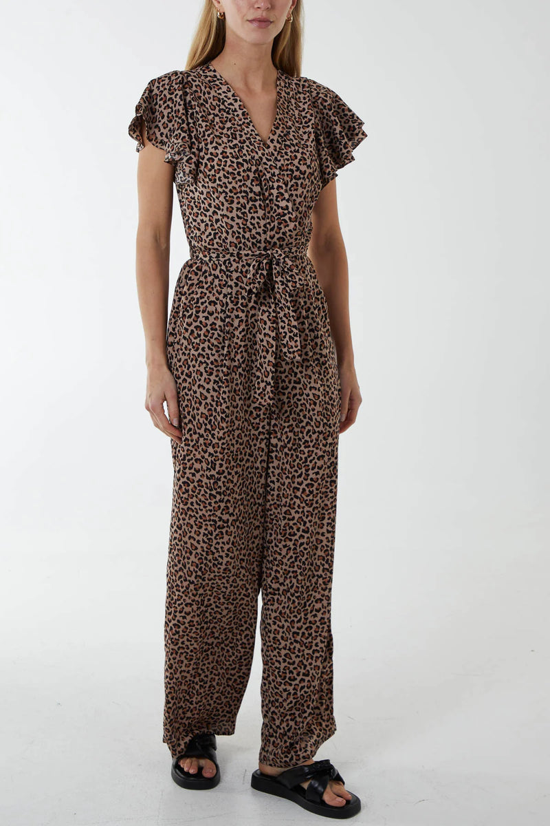 Angel Sleeve Wrap Leopard Print Jumpsuit