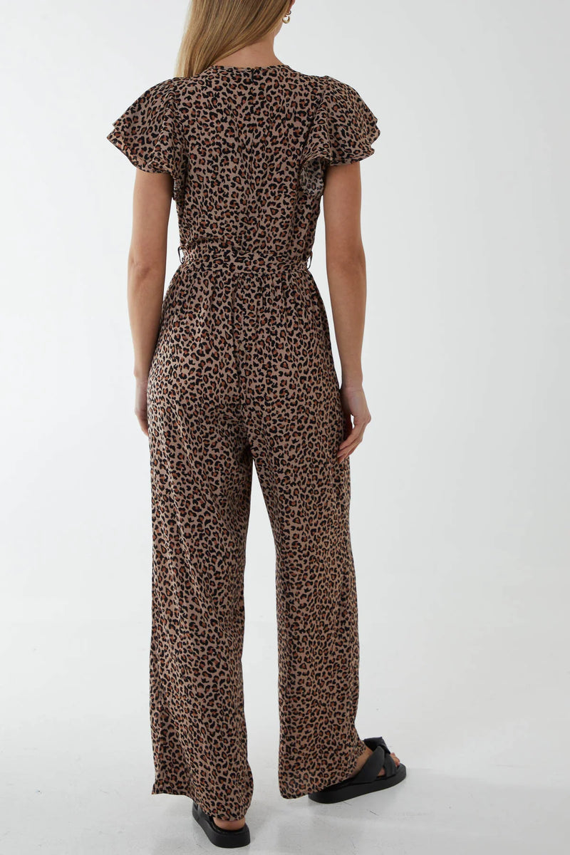 Angel Sleeve Wrap Leopard Print Jumpsuit