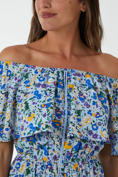 Amanda Bardot Ruffle Bright Floral Midi Dress