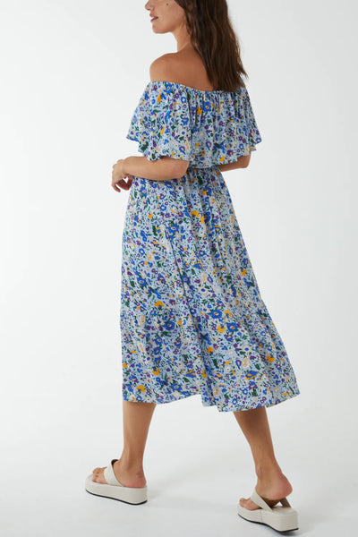 Amanda Bardot Ruffle Bright Floral Midi Dress