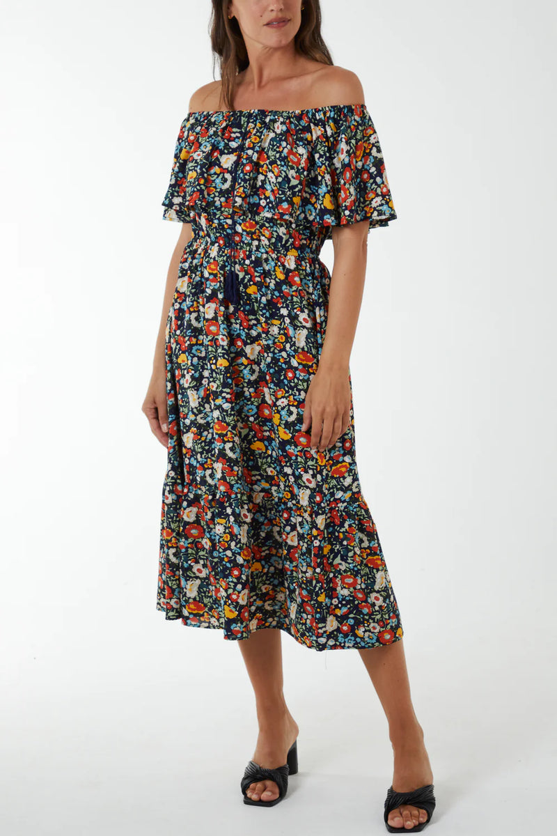 Amanda Bardot Ruffle Bright Floral Midi Dress