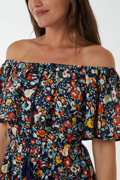 Amanda Bardot Ruffle Bright Floral Midi Dress