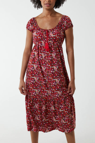 Mia Scoop Neck Tassel Floral Midi Dress