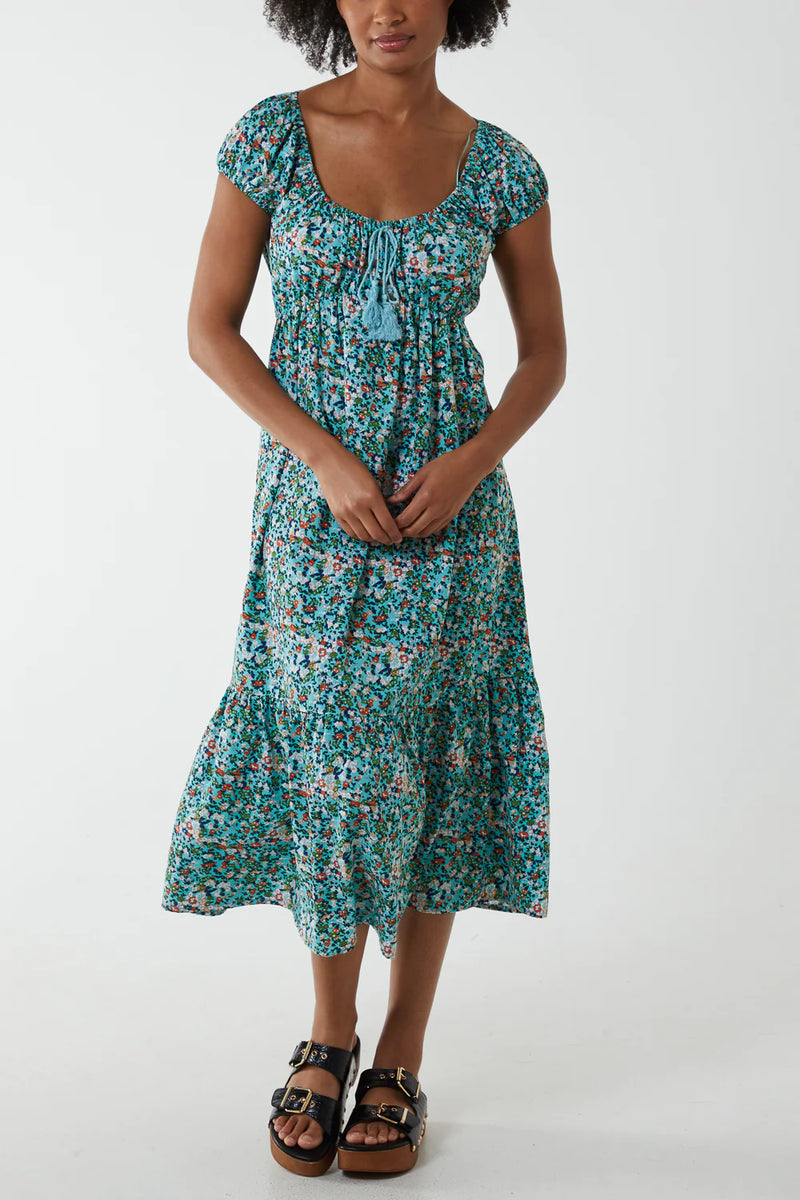 Mia Scoop Neck Tassel Floral Midi Dress