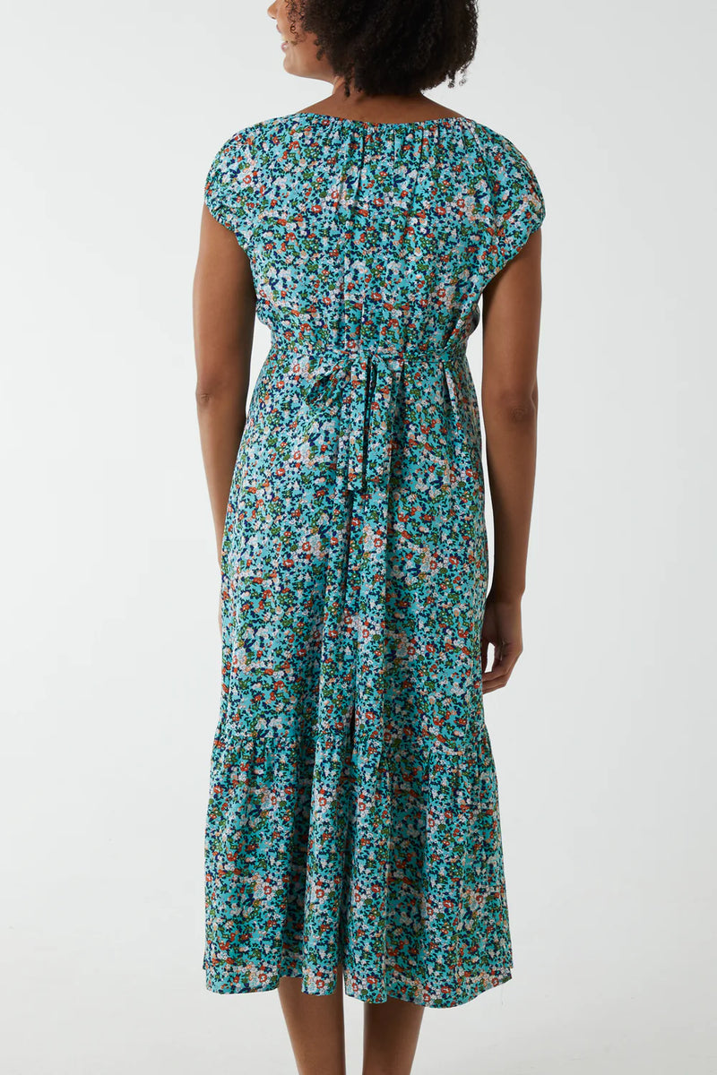 Mia Scoop Neck Tassel Floral Midi Dress